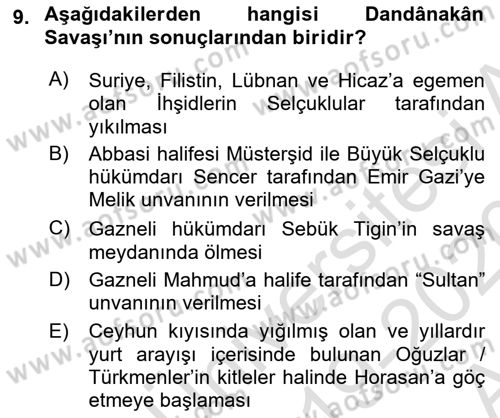 Türkiye Selçuklu Tarihi Dersi 2019 - 2020 Yılı (Vize) Ara Sınav Soruları 9. Soru