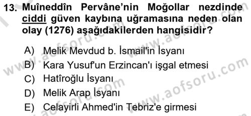 Türkiye Selçuklu Tarihi Dersi 2019 - 2020 Yılı (Final) Dönem Sonu Sınav Soruları 13. Soru