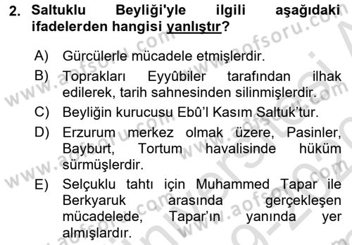 Türkiye Selçuklu Tarihi Dersi 2019 - 2020 Yılı (Final) Dönem Sonu Sınav Soruları 2. Soru