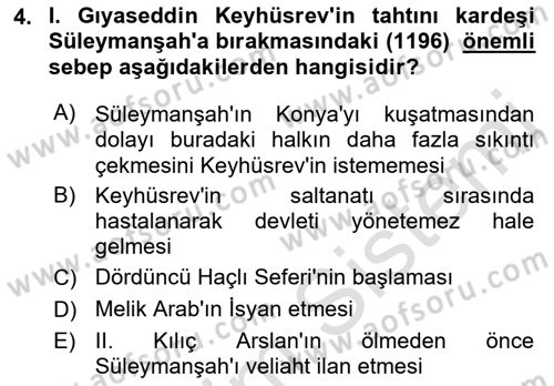 Türkiye Selçuklu Tarihi Dersi 2019 - 2020 Yılı (Final) Dönem Sonu Sınav Soruları 4. Soru