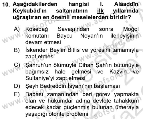 Türkiye Selçuklu Tarihi Dersi 2020 - 2021 Yılı Yaz Okulu Sınav Soruları 10. Soru
