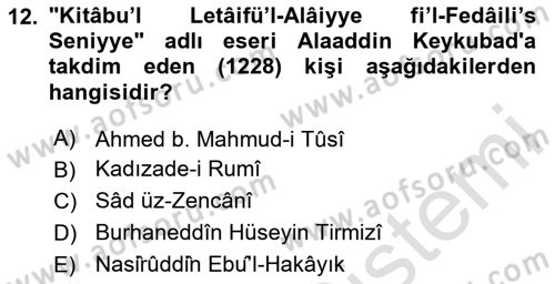 Türkiye Selçuklu Tarihi Dersi 2020 - 2021 Yılı Yaz Okulu Sınav Soruları 12. Soru