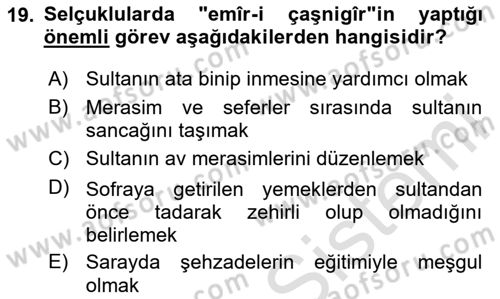 Türkiye Selçuklu Tarihi Dersi 2020 - 2021 Yılı Yaz Okulu Sınav Soruları 19. Soru