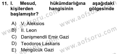 Türkiye Selçuklu Tarihi Dersi 2021 - 2022 Yılı (Vize) Ara Sınav Soruları 11. Soru
