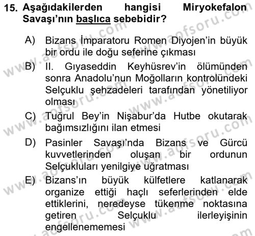 Türkiye Selçuklu Tarihi Dersi 2021 - 2022 Yılı (Vize) Ara Sınav Soruları 15. Soru