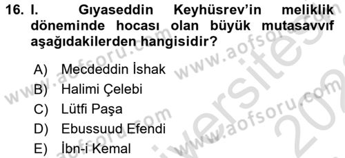 Türkiye Selçuklu Tarihi Dersi Ara Sınavı Deneme Sınav Soruları 16. Soru