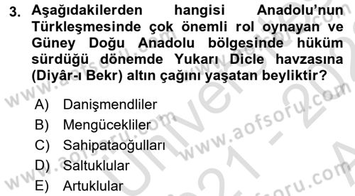 Türkiye Selçuklu Tarihi Dersi 2021 - 2022 Yılı (Vize) Ara Sınav Soruları 3. Soru