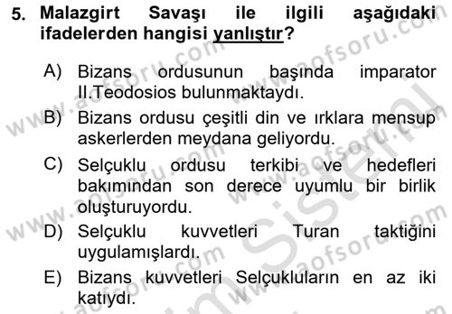 Türkiye Selçuklu Tarihi Dersi Ara Sınavı Deneme Sınav Soruları 5. Soru