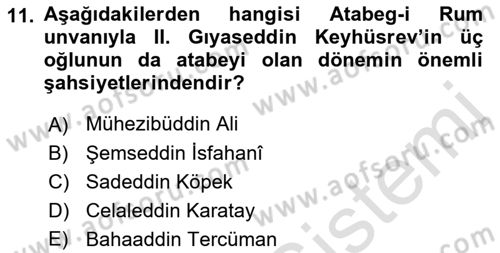 Türkiye Selçuklu Tarihi Dersi 2021 - 2022 Yılı (Final) Dönem Sonu Sınav Soruları 11. Soru