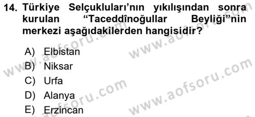 Türkiye Selçuklu Tarihi Dersi 2021 - 2022 Yılı (Final) Dönem Sonu Sınav Soruları 14. Soru