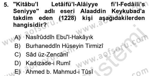 Türkiye Selçuklu Tarihi Dersi 2021 - 2022 Yılı (Final) Dönem Sonu Sınav Soruları 5. Soru