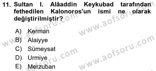 Türkiye Selçuklu Tarihi Dersi 2021 - 2022 Yılı Yaz Okulu Sınav Soruları 11. Soru