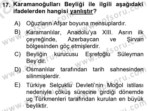 Türkiye Selçuklu Tarihi Dersi 2021 - 2022 Yılı Yaz Okulu Sınav Soruları 17. Soru