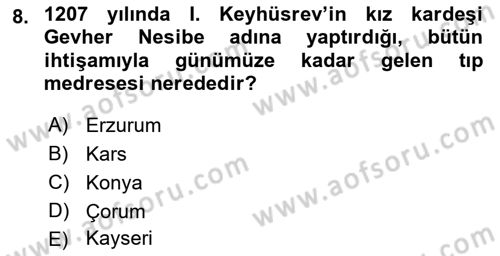 Türkiye Selçuklu Tarihi Dersi 2021 - 2022 Yılı Yaz Okulu Sınav Soruları 8. Soru