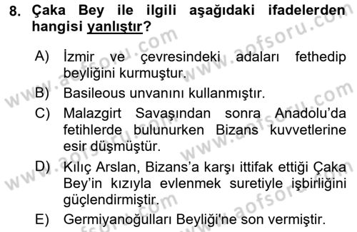 Türkiye Selçuklu Tarihi Dersi Ara Sınavı Deneme Sınav Soruları 8. Soru