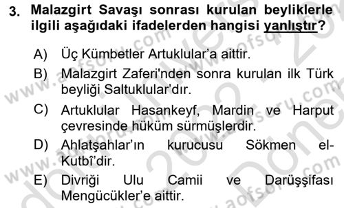 Türkiye Selçuklu Tarihi Dersi 2022 - 2023 Yılı (Final) Dönem Sonu Sınav Soruları 3. Soru