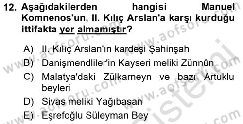 Türkiye Selçuklu Tarihi Dersi Ara Sınavı Deneme Sınav Soruları 12. Soru