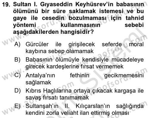 Türkiye Selçuklu Tarihi Dersi Ara Sınavı Deneme Sınav Soruları 19. Soru