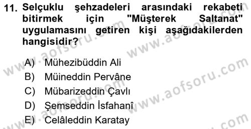 Türkiye Selçuklu Tarihi Dersi 2023 - 2024 Yılı (Final) Dönem Sonu Sınav Soruları 11. Soru