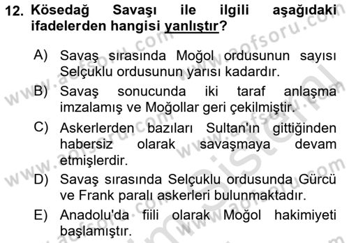 Türkiye Selçuklu Tarihi Dersi 2023 - 2024 Yılı (Final) Dönem Sonu Sınav Soruları 12. Soru