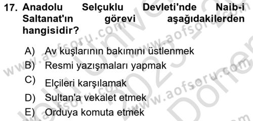 Türkiye Selçuklu Tarihi Dersi 2023 - 2024 Yılı (Final) Dönem Sonu Sınav Soruları 17. Soru