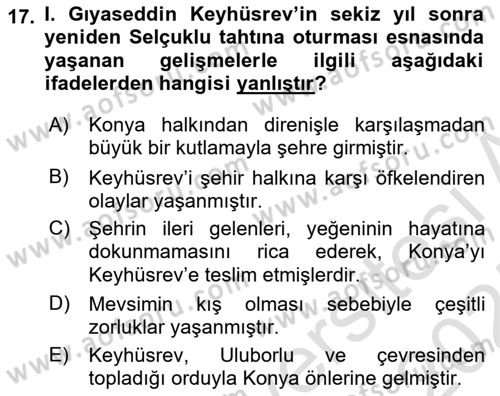 Türkiye Selçuklu Tarihi Dersi 2024 - 2025 Yılı (Vize) Ara Sınav Soruları 17. Soru
