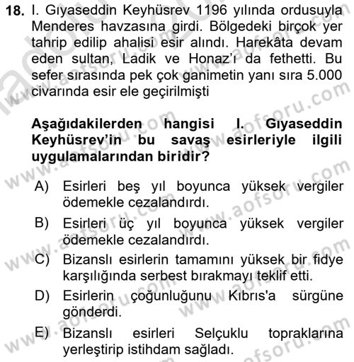 Türkiye Selçuklu Tarihi Dersi 2024 - 2025 Yılı (Vize) Ara Sınav Soruları 18. Soru