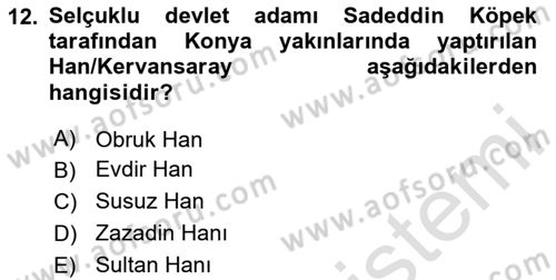 Türkiye Selçuklu Tarihi Dersi 2024 - 2025 Yılı Yaz Okulu Sınav Soruları 12. Soru