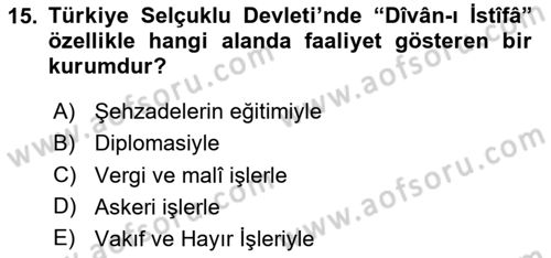 Türkiye Selçuklu Tarihi Dersi 2024 - 2025 Yılı Yaz Okulu Sınav Soruları 15. Soru