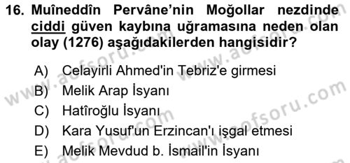 Türkiye Selçuklu Tarihi Dersi 2024 - 2025 Yılı Yaz Okulu Sınav Soruları 16. Soru
