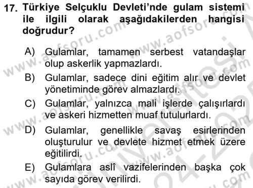 Türkiye Selçuklu Tarihi Dersi 2024 - 2025 Yılı Yaz Okulu Sınav Soruları 17. Soru