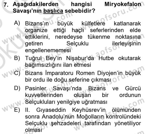 Türkiye Selçuklu Tarihi Dersi 2024 - 2025 Yılı Yaz Okulu Sınav Soruları 7. Soru