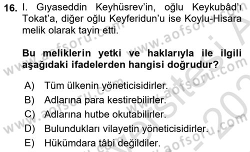 Türkiye Selçuklu Tarihi Dersi 2025 - 2026 Yılı (Vize) Ara Sınav Soruları 16. Soru