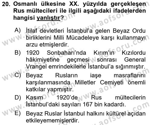 Osmanlı´da İskan ve Göç Dersi 2015 - 2016 Yılı (Final) Dönem Sonu Sınavı 20. Soru