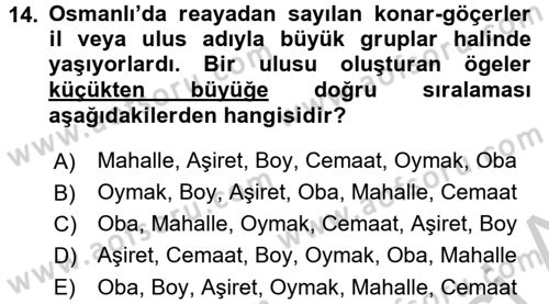 Osmanlı´da İskan ve Göç Dersi 2016 - 2017 Yılı (Vize) Ara Sınav Soruları 14. Soru