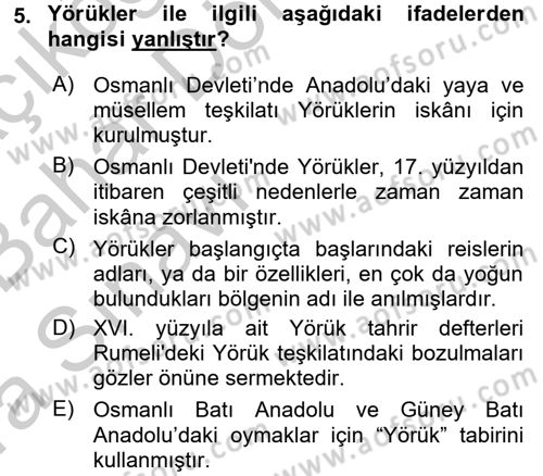 Osmanlı´da İskan ve Göç Dersi 2016 - 2017 Yılı (Vize) Ara Sınav Soruları 5. Soru
