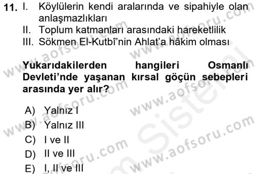Osmanlı´da İskan ve Göç Dersi 2017 - 2018 Yılı (Final) Dönem Sonu Sınav Soruları 11. Soru