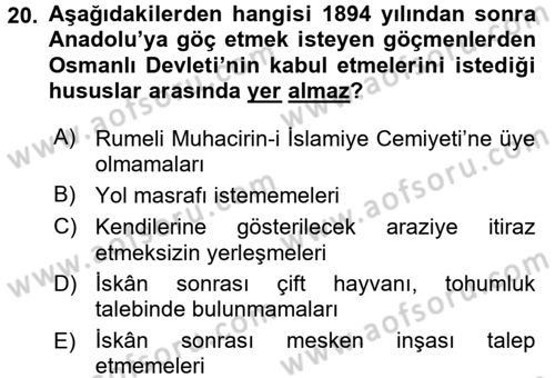 Osmanlı´da İskan ve Göç Dersi 2017 - 2018 Yılı (Final) Dönem Sonu Sınav Soruları 20. Soru