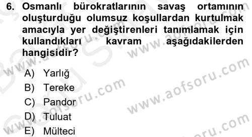 Osmanlı´da İskan ve Göç Dersi 2017 - 2018 Yılı (Final) Dönem Sonu Sınav Soruları 6. Soru
