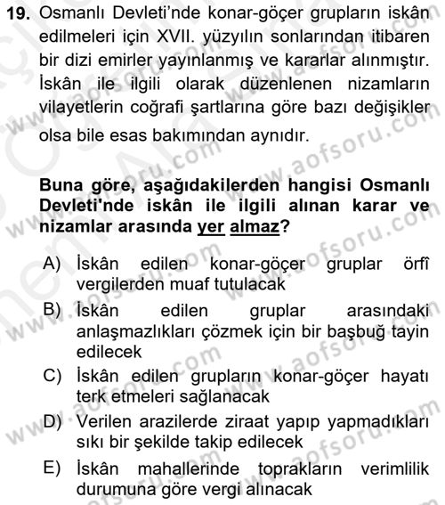 Osmanlı´da İskan ve Göç Dersi 2018 - 2019 Yılı (Vize) Ara Sınav Soruları 19. Soru