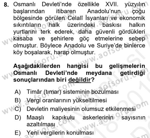 Osmanlı´da İskan ve Göç Dersi 2018 - 2019 Yılı (Vize) Ara Sınav Soruları 8. Soru