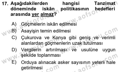 Osmanlı´da İskan ve Göç Dersi 2018 - 2019 Yılı (Final) Dönem Sonu Sınav Soruları 17. Soru