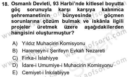 Osmanlı´da İskan ve Göç Dersi 2018 - 2019 Yılı (Final) Dönem Sonu Sınav Soruları 18. Soru