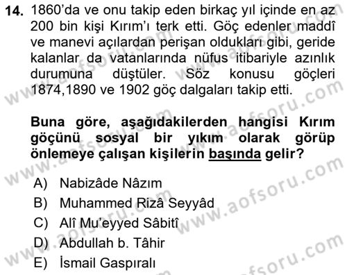 Osmanlı´da İskan ve Göç Dersi 2018 - 2019 Yılı Yaz Okulu Sınav Soruları 14. Soru
