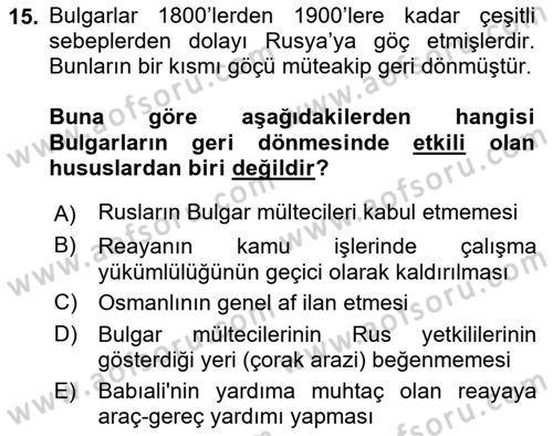 Osmanlı´da İskan ve Göç Dersi 2018 - 2019 Yılı Yaz Okulu Sınav Soruları 15. Soru