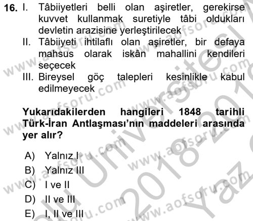 Osmanlı´da İskan ve Göç Dersi 2018 - 2019 Yılı Yaz Okulu Sınav Soruları 16. Soru