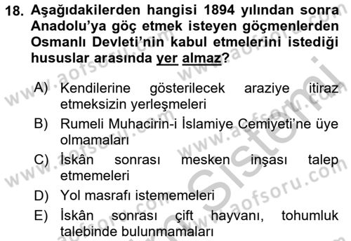 Osmanlı´da İskan ve Göç Dersi 2018 - 2019 Yılı Yaz Okulu Sınav Soruları 18. Soru