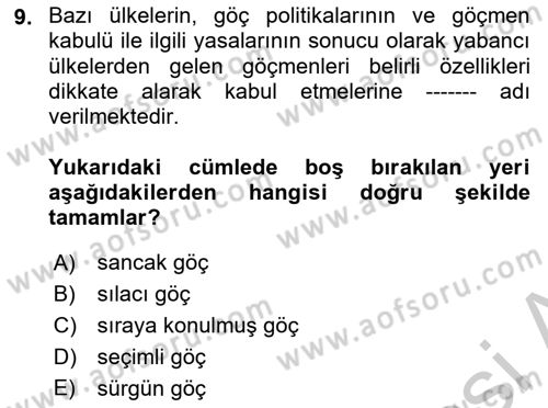 Osmanlı´da İskan ve Göç Dersi 2018 - 2019 Yılı Yaz Okulu Sınav Soruları 9. Soru