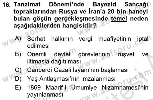 Osmanlı´da İskan ve Göç Dersi 2020 - 2021 Yılı Yaz Okulu Sınav Soruları 16. Soru