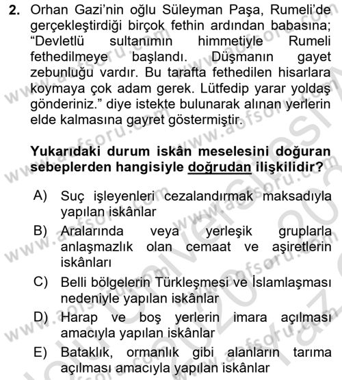 Osmanlı´da İskan ve Göç Dersi 2020 - 2021 Yılı Yaz Okulu Sınav Soruları 2. Soru